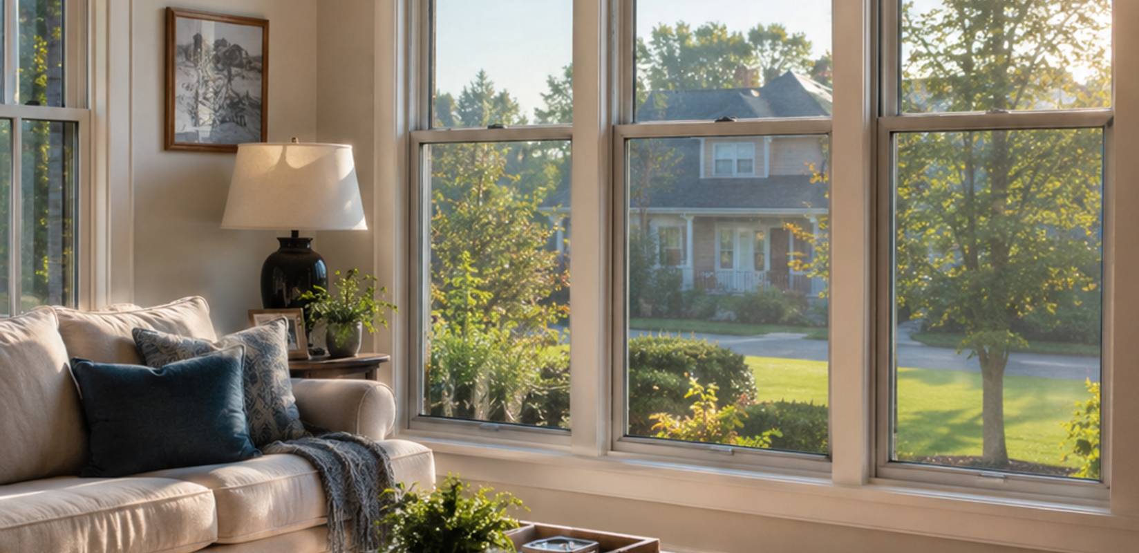 Afternoon sun fills a Manchester NH living room while window film cuts heat and glare.